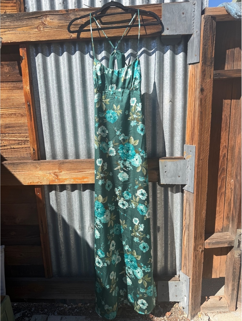 Anthropologie If By Sea Green Floral Satin Backless Maxi Dress, Size M